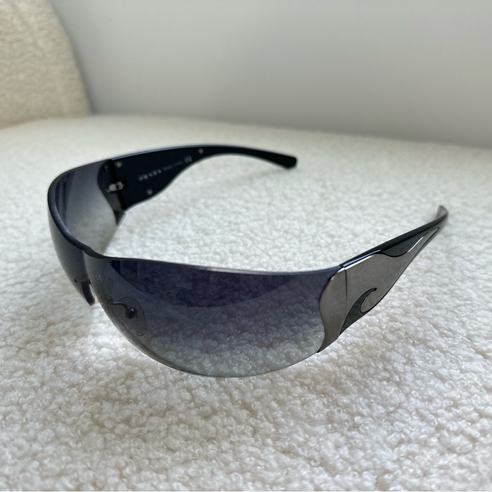Retro 2000s Prada Black & Silver Frameless Flame Shield Sunglasses